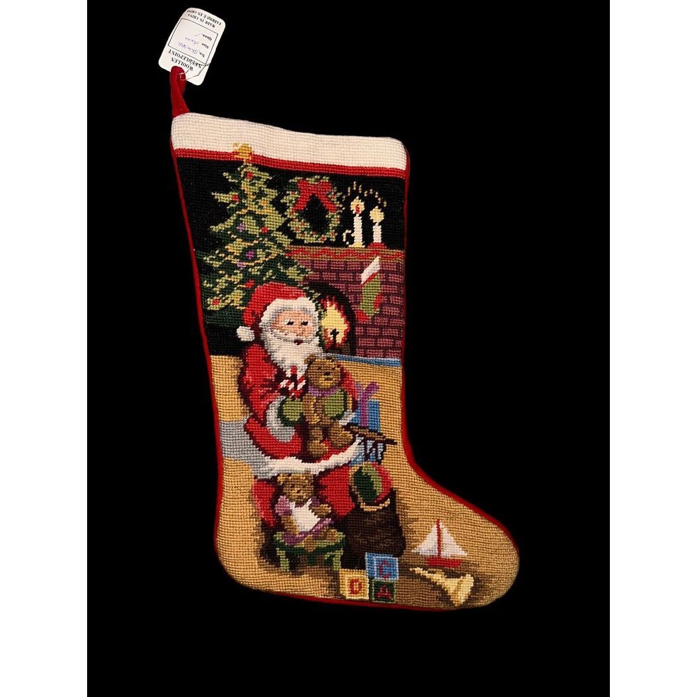 Wool Needlepoint Christmas Stockings -‎ Santa Holding Teddy Bear